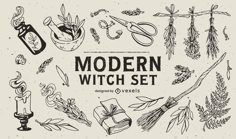 Modern witch hand drawn elements set Dark Academia Drawing, Witch Diary, Witch Elements, Witchy Illustration, Witchcraft Design, Witch Illustration, Witch Print, Witch Tools, Witch Hands