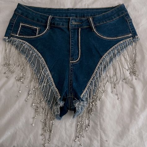 Brand New Never Worn. I Made These Shorts For A Country Music Festival But Unfortunately After Glueing On The Rhinestone Fringe, It Made The Bottom Of The Shorts Tighter. These Shorts Are A Size Large (6-8) But Now Fit Like A Medium (4-6). The Waist Fits A Size 27-28. These Shorts Are Beautiful In Person. The Sparkle Is To Die For!! Message Me And I Can Send You A Video Of Them In The Sunlight. Rhinestone Fringe Shorts, Traje Cowgirl, Theatre Crafts, Western Chaps, Denim Rhinestone, Embroidered Suits, Fringe Shorts, Denim Clothes, Diy Denim