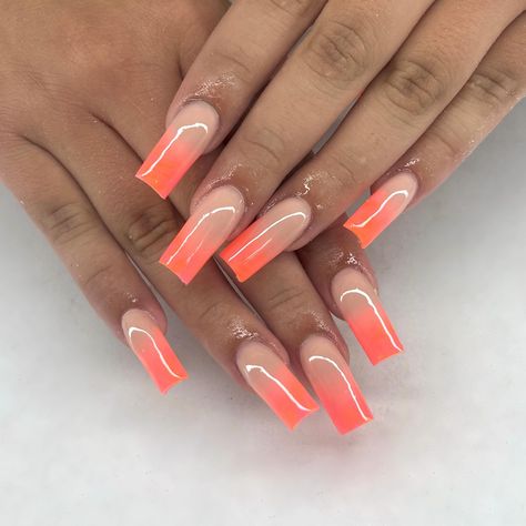 neon orange and nude acrylic ombre square acrylic nails for summer Ombre Square Acrylic Nails, Coral Acrylics, Square Acrylic Nails For Summer, Acrylic Nails For Summer, Acrylic Ombre, Nails For Summer, Ombre Acrylic, Ombré Nails, Orange Ombre