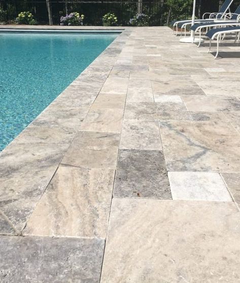 Silver Latte Travertine Pavers around gorgeous pool #pool #poolinspiration #dreampool Travertine Pool Decking, Pool Paving, Silver Travertine, Pool Inspiration, Pool Pavers, Travertine Pavers, Travertine Pool, Outdoor Pool Area, Stone Pool