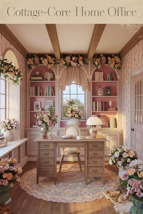 Fairytale House Interior, French Country Home Office, Country Home Office, Fairy Tale Room, Cottage Core Living Room, Wooden Desks, Potted Herbs, Shabby Chic Office, Shabby Chic Interior Design