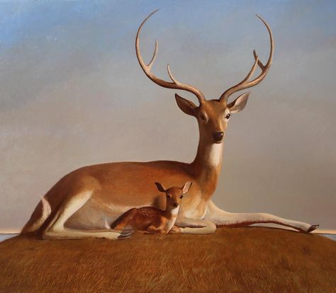 10 days left to see the solo show at Ameringer McEnery Yohe @525w22 "The Covenant" oil on linen 48x 66 2016  Perched on a burial mound a stag protects it's young fawn. It's leg outstretched prepared to pounce or stomp to mark it's territory. The protector is unknowingly guarded by the protected. The fawn securely nestled between the father's front legs safeguards from the risk of any hunter taking aim at his father's heart. American Realism, Barnett Newman, Bo Bartlett, Alex Colville, Audrey Kawasaki, Andrew Wyeth, Pablo Neruda, Classic Paintings, Electronic Art