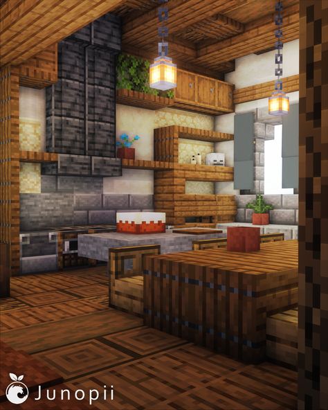 Minecraft Deepslate Roofed Medieval House with a warm and cozy interior. Minecraft House Balcony, Mc Kitchen Design, Minecraft Medieval Window, Minecraft Witch Hut Interior, Minecraft Restaurant Ideas Interior, Minecraft Builds Interior, Minecraft Medieval Kitchen, Minecraft Interior Wall Designs, Interior Minecraft House