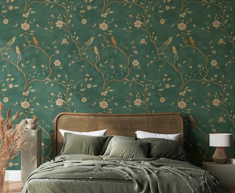 Emerald Chinoiserie Bird and Blossom Wallpaper Elegant Peel and Stick Mural Traditional Asian-Inspired Wall Mural for Bedroom Green Chinoiserie Wallpaper, Wallpaper Smooth, Mural For Bedroom, Asian Bedroom, Peel And Stick Mural, Green Chinoiserie, Asian Inspired Decor, Blossom Wallpaper, Wall Material