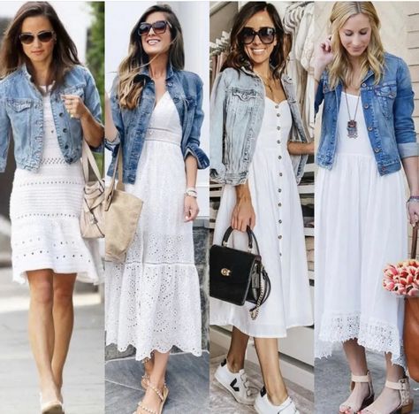 White Dress With Denim Jacket, Dress With Denim Jacket, Chique Outfit, Denim Jacket Outfit, Cute Modest Outfits, Wardrobe Style, Denim Jackets, Classic Outfits, Outfit Casual