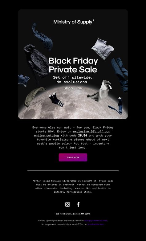 An awesome Black Friday email example from Ministry of Supply. View 100+ more email templates and examples and get inspiration for your next email design with MailCharts! #EmailDesign #EmailMarketing #EmailInspiration #BlackFridayEmail Black Friday Newsletter Design, Black Friday Email Design Inspiration, Black Friday Newsletter, New Arrivals Email, Black Friday Email Design, Spa Ceylon, Black Friday Email, Holiday Emails, Email Newsletter Design