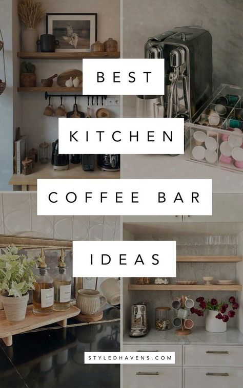 On the hunt for cute kitchen decor for your home coffee bar? These elegant coffee bar ideas are literally *so-good* and hand-picked - whether you're looking more for small coffee bar ideas, or cute corner coffee bar ideas, these home coffee bar designs will be sure to inspire you! (SAVE to your KITCHEN IDEAS board for later!) Coffee Bar Modern Kitchen, Luxury Coffee Bar At Home, Built In Coffee Bar Ideas Kitchen Modern, Coffee Bar Design Home Kitchen, Coffee Bar Ideas Countertop, Coffee Corner Ideas Kitchen, Coffee Bar With Pot Filler, Coffee Bar Home Modern, Basement Coffee Bar