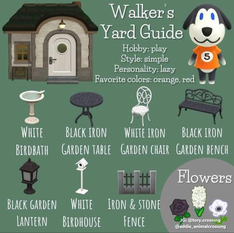 Walker’s yard guide #animalcrossing #animalcrossingnewhorizons #acnh #yardguide #acnhyardguide Anch Ideas, Acnh Yard, Acnh Villagers, Character Guide, Acnh Patterns, Animal Crossing Guide, Stone Lantern, Bird Bath Garden, Animal Crossing Characters