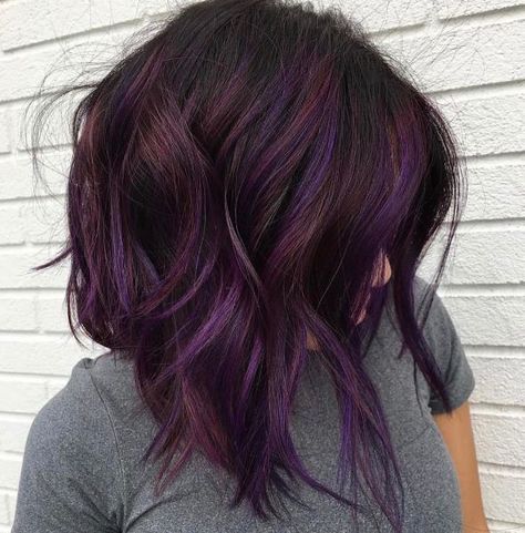 October Hair Color Ideas, Pelo Color Vino, Dark Purple Hair Color, Violet Hair Colors, Angled Bob Haircuts, Dark Purple Hair, Autumn Hair, Future Bedroom, Thick Hair Styles Medium