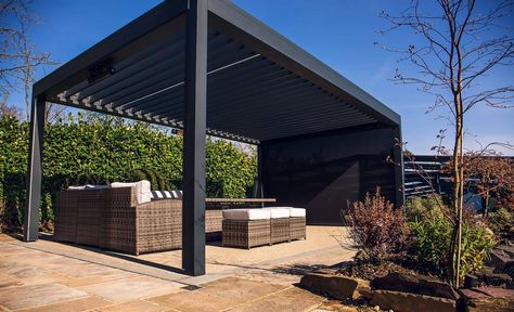 Urban Outdoors PLUS POD pergola grey | Pergola Gallery Grey Pergola, Contemporary Fire Pit, Terrace Patio, Louvered Roof, Outside Fireplace, Steel Pergola, Pergola Canopy, Patio Canopy, Outdoor Tv