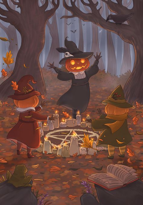 Fall Fantasy Art, Halloween Art Inspiration, Witch Coven Art, Wiches Art, Witch Thanksgiving, Autumn Illustration Art, Halloween Witch Illustration, Halloween Illustration Art, Autumn Cottage Core