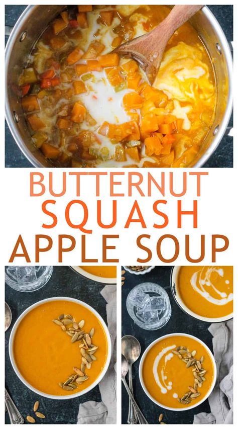 This Butternut Squash Apple Soup is silky smooth and perfectly spiced for the fall season. Reminiscent of Panera's Autumn Squash Soup, but dairy-free and vegan! Great for a cozy weeknight dinner or the starter for your holiday meal. Vegan Butternut Squash Apple Soup, Squash Soup Vegan, Cocnut Milk, Autumn Squash Soup, Panera Autumn Squash Soup, Squash Apple Soup, Butternut Squash Apple Soup, Autumn Squash, Butternut Squash Sweet