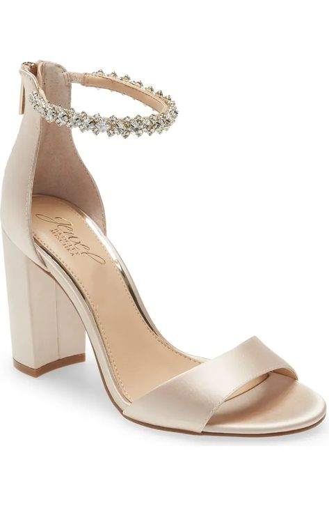 Jewel Badgley Mischka Badgley Mischka Collection Louise Ankle Strap Sandal (Women) | Nordstromrack Bridesmaids Heels, Champagne Shoes, Champagne Heels, Wedding Shoes Comfortable, Jewel Badgley Mischka, Beige Heels, Ankle Strap Sandals Heels, Badgley Mischka Shoes, Bridal Heels