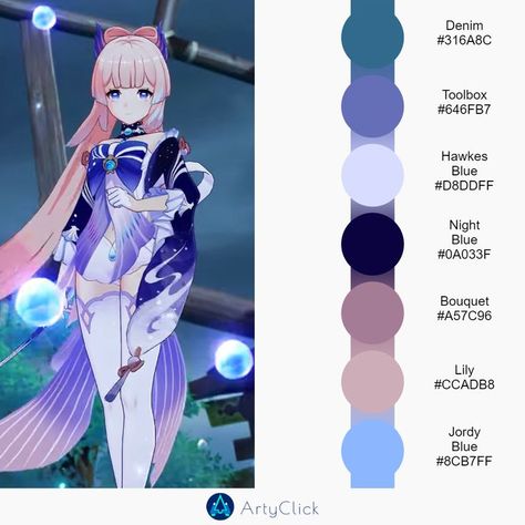 Color Palettes Challenge, Furina Genshin Color Palette, Kokomi Palette, Kokomi Color Pallette, Wanderer Color Palette Genshin, Raiden Shogun Color Palette, Anime Character Color Palette, Kokomi Reference Sheet, Kokomi Hairstyle