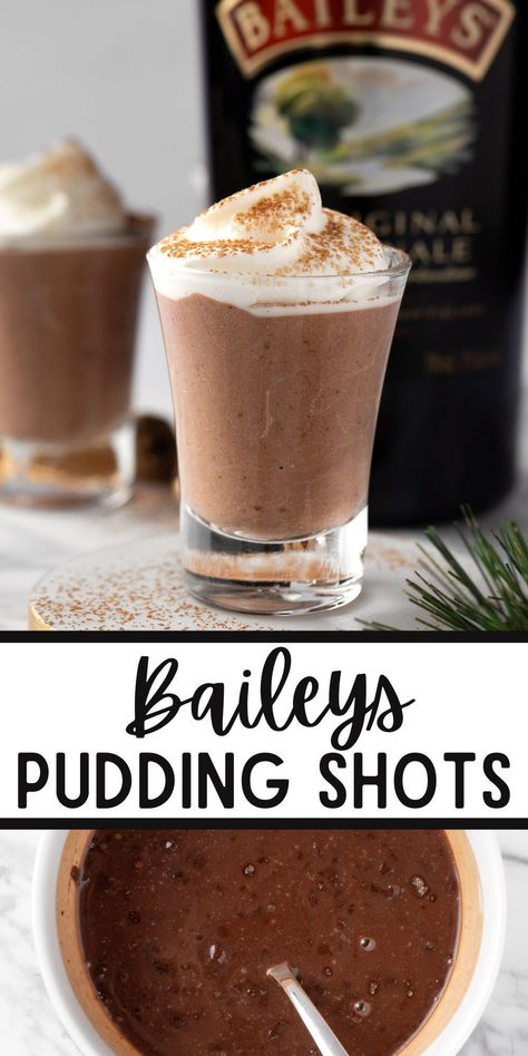 These Baileys Pudding Shots are an easy 4 ingredient recipe that is perfect for making around the holidays. They are made with chocolate pudding and you can easily mix in some Kahlua or vodka. Bailey Jello Shots, Vanilla Pudding Shots With Vodka, Chocolate Pudding Jello Shots, Alcoholic Pudding Shots Recipes, Chocolate Kahlua Pudding Shots, Baileys Jello Shots Recipes, Bailey Pudding Shots, Kalua Baileys Pudding Shots, Christmas Chocolate Kahlua Pudding Shots