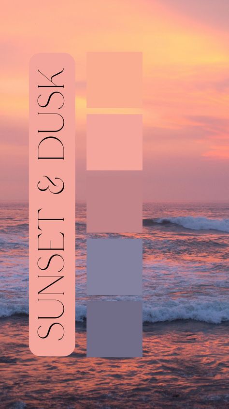 Sunset & Dusk Color Palette by Felicity & Lilac Events Dusk Colour Palette, Sunset Color Room Bedrooms, Sunset Wall Color, Sunset Ocean Color Palette, Dusk Wedding Colors, Wedding Color Schemes Sunset, Pink Sunset Color Palette, Summer Sunset Color Palette, Beach Sunset Color Palette