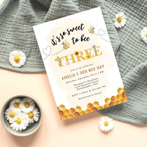 Sweet To Bee One, Third Birthday Invitations, Bee Invitations, Bee Birthday Party, Bee Party, 2nd Birthday Invitations, Bee Birthday, 1st Birthday Invitations, First Birthday Invitations