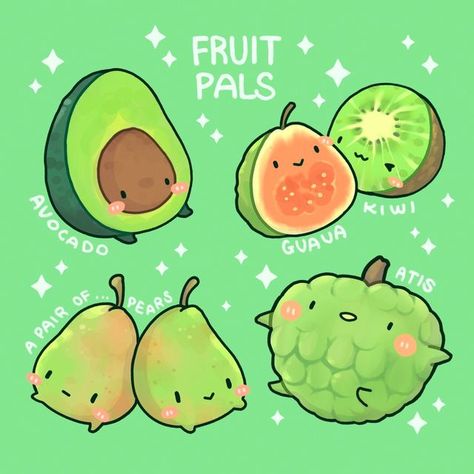 🌸Lily🌸 on Instagram: "LAST ONE OF THE FRUIT PALS SERIES! 🥝🍐 It's been months since I have done another drawing of the fruit pals! 😅 I couldn't help but add another pear to make it a PAIR 🤡 . . Also, I just want to say thank you all so much for all the love and support for Island Skies! It's been just unreal. We have been incredibly busy since the end of the campaign to prepare for the development of our dream game and we can't wait to show you all more! Hope everyone is having a great summ Kawaii Fruit Drawing, Cute Fruit Art, Puff Pals, Kawaii Veggies, Fruit Poster, Dibujo Simple, Kawaii Fruit, Fruits Drawing, Cute Food Drawings