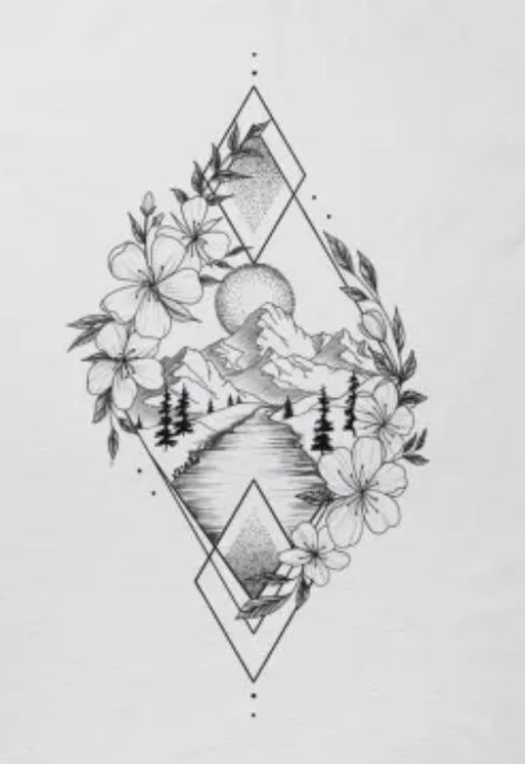 Beach And Mountain Tattoo Sleeve, Simple Nature Sleeve Tattoo, Wilderness Sleeve Tattoo Women, Unique Mountain Tattoos For Women, Flower In Triangle Tattoo, Nature Feminine Tattoos, Womens Geometric Tattoos, Floral Nature Tattoo, Feminine Mountain Sleeve Tattoo