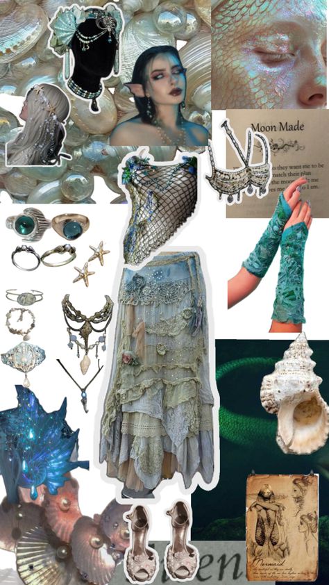 Mermaid aesthetic outfit Sea Shell Outfit, Siren Fashion Aesthetic, Posiden Costume, Sirencore Aesthetic Outfits, Mermaid Clothes Aesthetic, Mermaid Outfit Aesthetic, Ocean Inspired Fashion, Black Mermaid Aesthetic, Siren Wedding