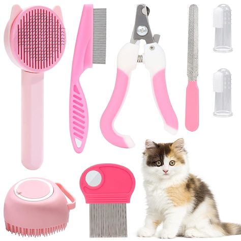 VCZONE 8 Pcs Cat Brush Grooming Kits, Pet Self Cleaning Kit with Pet Nail Clipper and File, Flea Comb, Pet Shampoo Bath Brush, Pet Shedding Brush, Silicone Toothbrush (Pink) Pet Shed, Pet Shampoo, Pet Hair Removal, Grooming Routine, Healthy Pets, Trim Nails, Bath Brushes, Cat Supplies, Cat Pet Supplies