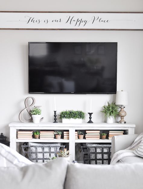 This Simple Summer Mantel is decorated using simple whites and greens to celebrate the growth of the season mixed with a few wood tones for coziness! Under Tv Fireplace Decor, Decor Under Tv, Mantle Decor Under Tv, Winter Mantle Decor, Tv Stand Decor Living Room, Tv Unit Designs, Tv Picture, Colorful Farmhouse, Modern Tv Unit