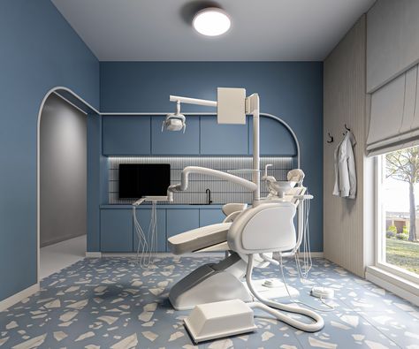 The dental patient room has been transformed from a cold, clinical space to a warm and inviting one using a pop of color, playful terrazzo flooring, and soft lines. A touch of hospitality has been added to make patients feel comfortable during their dental exams. Exam Room Design, Dental Practice Design, Dental Room, Dentist Office Design Interiors, Klinik Gigi, Dental Design Interior, Dentist Office Design, Dentist Clinic, Dental Office Design Interiors