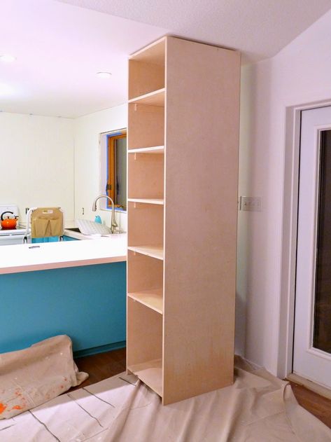 Kitchen Progress: DIY Pantry Cabinet + Working Around the Weirdness Diy Wood Cabinet Storage, How To Build A Tall Cabinet, Diy Plywood Cabinets, Diy Food Pantry Cabinet, How To Build Pantry Cabinets, Diy Kitchen Pantry Cabinet How To Build, Easy Diy Pantry Cabinet, Pantry Cabinet Plans, Diy Pantry Cabinet Small Spaces