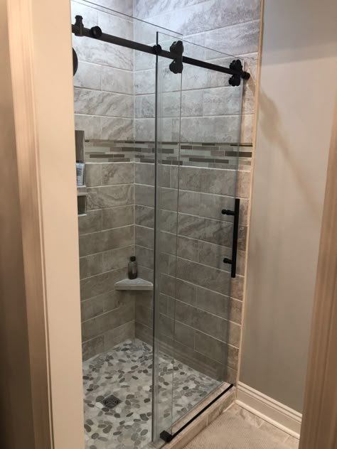 Shower Barn Door, Barn Door Shower, Shower Sliding Glass Door, Small Shower Remodel, Shower Renovation, Cheap Bathroom Remodel, Young House Love, Small Showers, Bad Inspiration