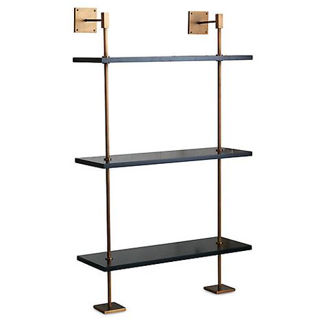 Marais Wall Shelving, Black/Brass Black And Brass Shelves, Brass Bar Shelving, Shelves With Brass Rails, Brass Rail Shelving, Black Metal Bar Shelving, Bespoke Furniture Interior Design, Bistro Shelving, Brass Shelving, Brass Shelves