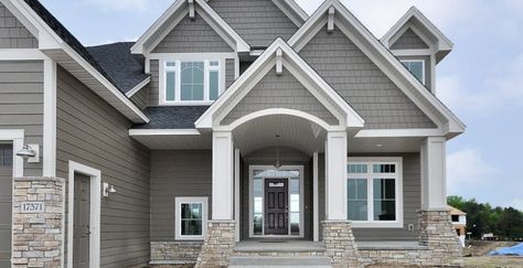 Charcoal Gray Metal Roof Houses Color Combos, Grey Homes Exterior, Gables On House Exterior Front Porch, Grey House Exterior White Trim, Light Gray Home Exterior, House Exterior Dark Grey, Grey House Exteriors, House Paint Exterior Colour Schemes Gray, Greige Exterior House Colors White Trim