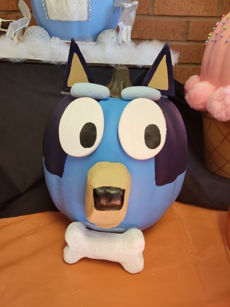 Bluey decorated pumpkin. Pumpkin contest. Bluey And Bingo Pumpkin, Bluey Themed Pumpkins, Bluey Pumpkin Stencils, Bluey Cartoon Pumpkin Painting, Pumkin Carving Bluey, Bluey Pumpkin Ideas, Bluey Pumpkin Painting, Pumpkin Designs Painted, Decorated Pumpkin