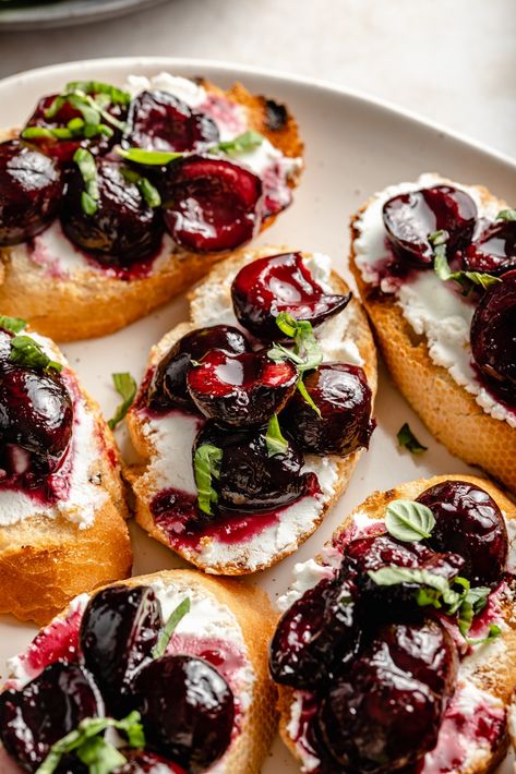 Roasted Cherries, Gluten Free Baguette, Goat Cheese Crostini, Crostini Recipes, Ambitious Kitchen, Healthy Appetizer Recipes, Roasted Cherry, Finger Foods Easy, Delicious Appetizer Recipes