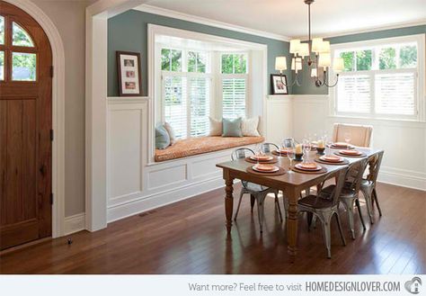 15 Ideas in Designing Dining Rooms with Bay Window | Home Design Lover Bay Window Seating Kitchen, Wainscoting Kitchen, Window Seat Kitchen, Bay Window Seat, Dining Room Wainscoting, Window Seat Design, Wainscoting Styles, White Wainscoting, Dining Room French