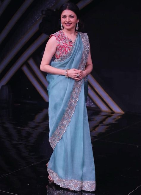 bhagyashree in a blue saree by mrunalini rao Anjana Om Kashyap, Blue Organza Saree, Dresses Lehenga, Mrunalini Rao, Elegant Sarees, Zardozi Work, Blue Organza, Saree Fashion, Latest Designer Sarees