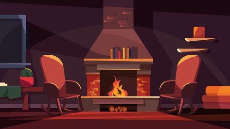 Evening interior with fireplace Living Room Cartoon, Fireplace Cozy, Fireplace Drawing, Loft Style Homes, Light Cartoon, Halloween Living Room, Christmas Tree And Fireplace, House Light, Anime Places