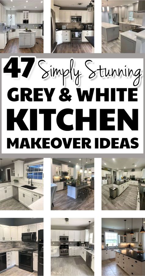 Farmhouse Kitchen Grey And White, Grey White House Decor, White Counters Grey Cabinets, White Kitchen Gray Walls, Kitchen Cabinet Top White Bottom Gray, Small White Kitchen Decor Ideas, Dark Grey Farmhouse Kitchen, Kitchen Remodel Grey And White, Kitchen Remodel White And Grey