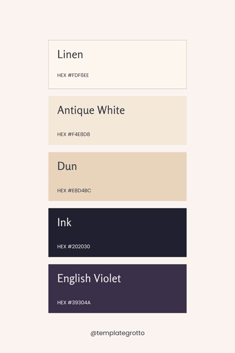 An elegant, minimalist color palette featuring five swatches: Linen (#FDF6EE), a soft off-white; Antique White (#F4E8D8), a light cream; Dun (#E8D4BC), a warm beige; Ink (#202030), a deep navy; and English Violet (#39304A), a muted purple. The swatches are labeled with their respective names and hex codes, displayed on a clean, neutral background. Navy Blue Cream Color Palette, Beige Navy Color Palette, Echo Logo, Minimalist Color Scheme, Elegant Color Palette, Navy Color Palette, Nude Color Palette, Persona 2, Feminine Color Palette