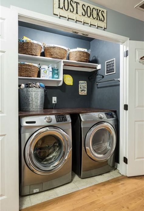 Nook Laundry Room, Small Built In Laundry Room, Laundry Closet Makeover Hallways, Hallway Closet Laundry Room Ideas, Washer Dryer Room Ideas, Small Laundry Closet Ideas Stackable, Hall Closet Laundry Room Ideas, Laundry Closet Ideas Hallways, Hall Laundry Closet