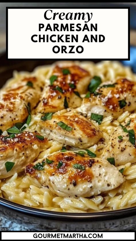 This delicious one-pan Creamy Parmesan Chicken and Orzo is the ultimate comfort meal. Tender chicken, creamy orzo, and rich Parmesan come together for an easy, satisfying dinner perfect for any night of the week. Whip up something special – get the recipe now #CreamyParmesanChicken #EasyDinnerRecipe #OnePanMeal #ChickenAndOrzo #ComfortFood #WeeknightDinner #QuickDinnerIdeas #FamilyDinner #ParmesanChicken #OrzoRecipe Chicken Parmesan Recipe Side Dishes, Creamy Parmesan Chicken Orzo, Creamy Parmesan Orzo With Chicken And Asparagus, Orzo Tuscan Chicken Dump, Orzo Chicken Crockpot Recipes, Pasta Dishes Easy Simple, Orzo Baked Chicken, Orzo Pasta Dinner Recipes, Healthy Chicken And Orzo Recipes