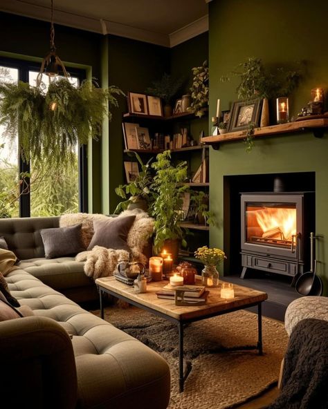 2024 Interior Design Trends: Things You Should Change and Hold - Matchness.com Natural Living Room Earth Tones Green, Green Snug Room, Green Walls Living Room, Dark Green Living Room, Green Living Room Decor, Snug Room, Dark Living Rooms, House Vibes, Cosy Living