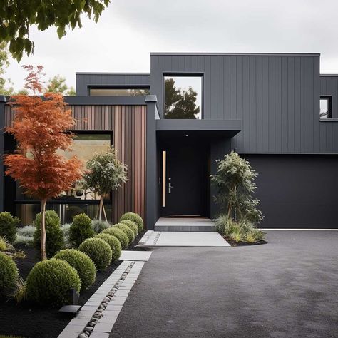 Modern House Colour Exterior, Dark Exterior House Colors Modern, Colour For House, Dark Modern House Exterior, Best Color For House, Exterior House Colours, Dark Exterior House Colors, Dark Modern House, Mid Century Modern House Exterior