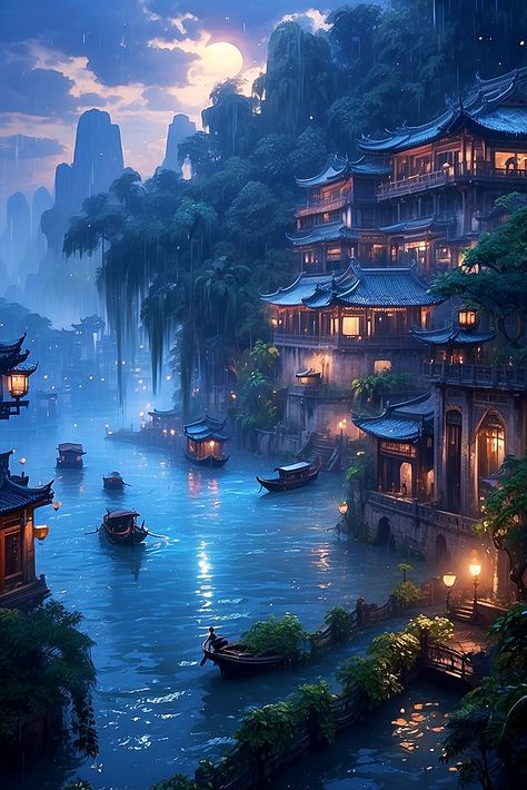 Fantasy Water City, Chinese Kingdom, Castle House Design, City By The Sea, Dreamy Artwork, My Fantasy World, Deep Art, Anime Backgrounds Wallpapers, Fantasy City