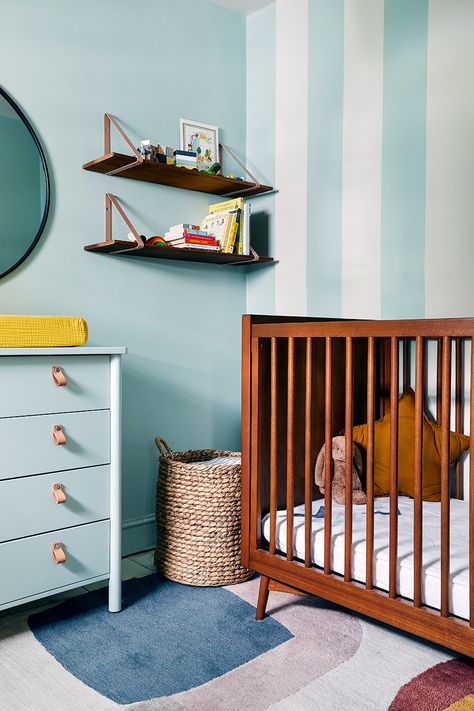 Striped Accent Walls, Changing Table Topper, Mid Century Furnishings, Nursery Room Design, London Home, Sanctuary Bedroom, Nursery Room Inspiration, Home Upgrades, Baby's Room