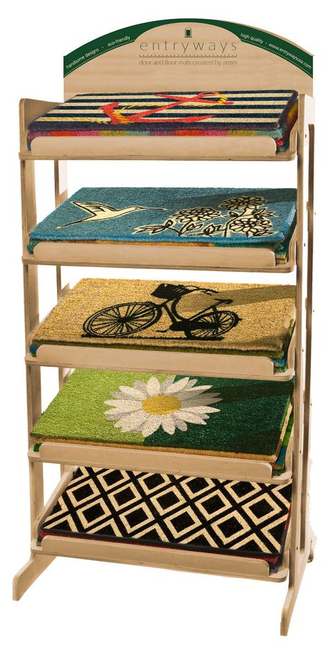 doormat display rack - Google Search Vendor Booth Ideas, Wood Rack, Shelf Wood, Vendor Booth, Get Flexible, Vendor Events, Wood Display, Baltic Birch Plywood, Wholesale Merchandise