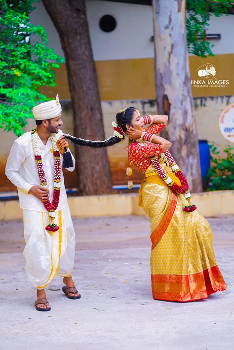 Marriage Poses Indian, Wedding Stills Telugu, Tamil Marriage Photography, Marriage Photoshoot Indian, Telugu Wedding Photography, Funny Wedding Poses, Couple Stills, Marriage Photoshoot, Marriage Poses