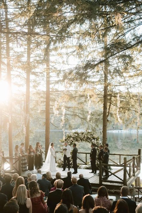 Lake Weddings Ceremony, Water Wedding Venues, Outdoorsy Wedding Venues, Lake Venue Wedding, Lake Fall Wedding, Lakeside Wedding Aesthetic, Adirondack Wedding Venues, Wedding By A Lake, Lake Side Wedding Ceremony