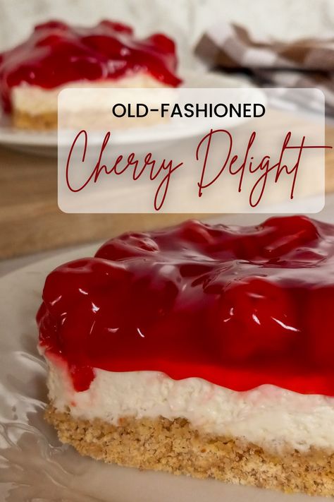 One slice of cherry delight on a plate and another one in the background No Bake Cherry Delight, Cherry Yum Yum Recipe, Cherry Delight Recipe, Cherry Yum Yum, Cherry Delight Dessert, Old Fashioned Cherries, Oreo Torte, No Bake Cherry Cheesecake, Baking For Beginners