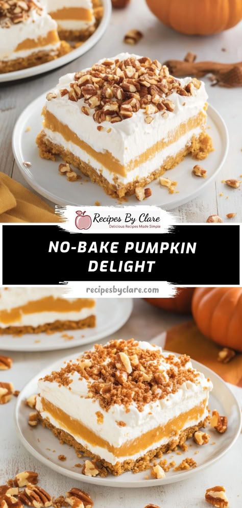 A creamy, spiced pumpkin dessert with layers of graham cracker crust, cream cheese, and whipped topping—perfect for fall gatherings and effortless to make.  Ingredients:  1 cup canned pumpkin puree 1 1/2 cups graham cracker crumbs 1 (8 oz) package cream cheese, softened 1 teaspoon ground cinnamon Delight in a no-bake, creamy pumpkin treat with a buttery graham cracker crust and a cinnamon-spiced pumpkin filling, all topped with light, fluffy whipped topping! Pumpkin Pie Cool Whip Dessert, Pumpkin And Graham Cracker Desserts, Graham Cracker No Bake Dessert, Pumpkin And Whipped Cream Dessert, Pumpkin Cool Whip Pie, Whipped Pumpkin Dessert, Pumpkin Graham Cracker Crust, Pumpkin Pie Delight, No Bake Pumpkin Delight