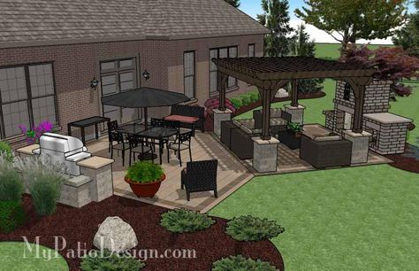 635 sq. ft. - Dreamy Fireplace Patio Design with Pergola – MyPatioDesign.com Backyard Patio Layout, Dreamy Fireplace, Paver Patio Installation, Diy Patio Ideas, Corner Fireplaces, Fireplace Patio, Basement Entrance, Patio Installation, Small Pergola